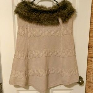 Cable Knit Poncho with Faux Fur Cream Tan Sparkle